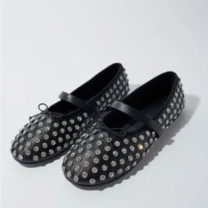 Maje Diamante Crystal Rhinestone Studded Mary Jane Ballet Flats Black Sz 40